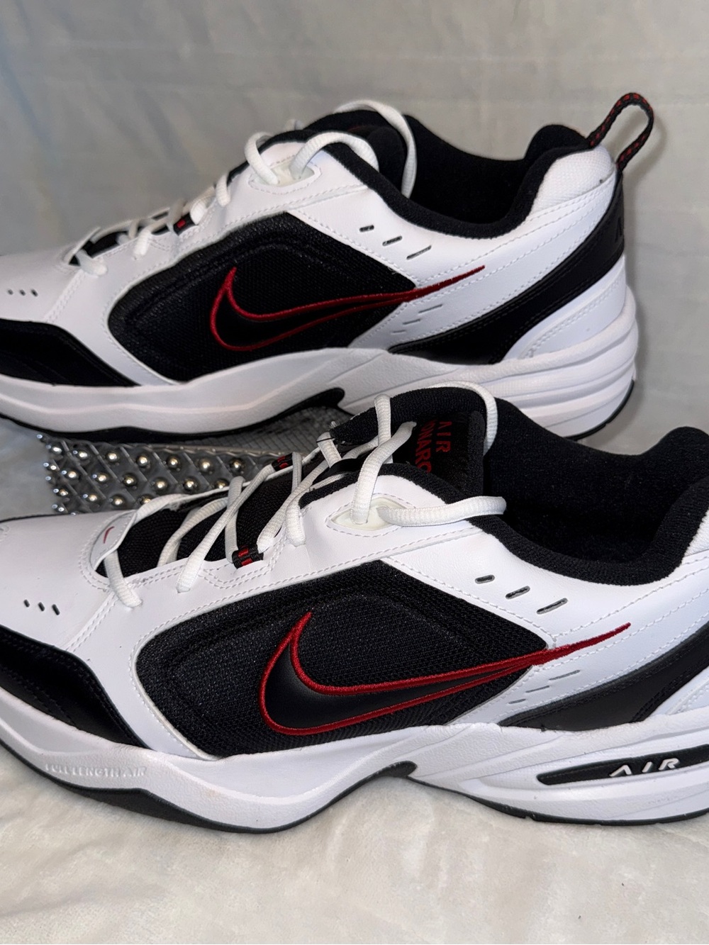 Brand New! Nike Monarch IV Size 15 Men. Black, White, Red outlined swoosh.